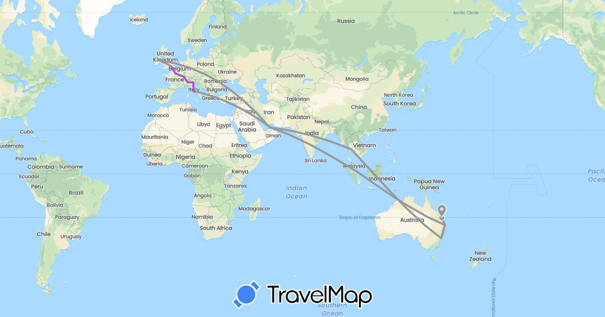 TravelMap itinerary: driving, plane, train in United Arab Emirates, Australia, France, United Kingdom, Ireland, Italy, Singapore, Thailand (Asia, Europe, Oceania)